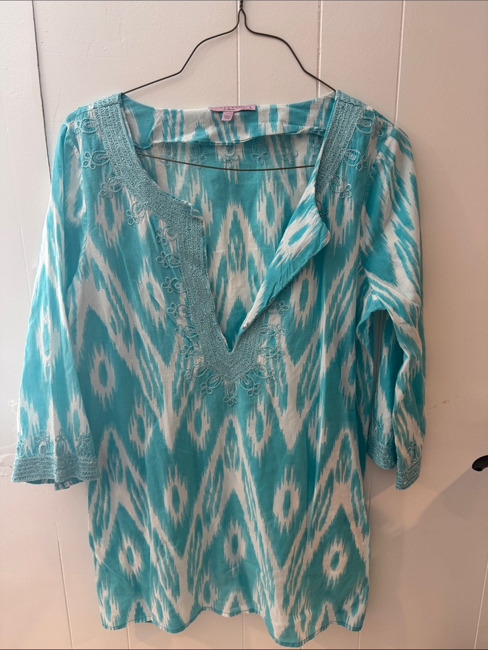 Calypso St. Barth Turquoise & White Ikat Tunic